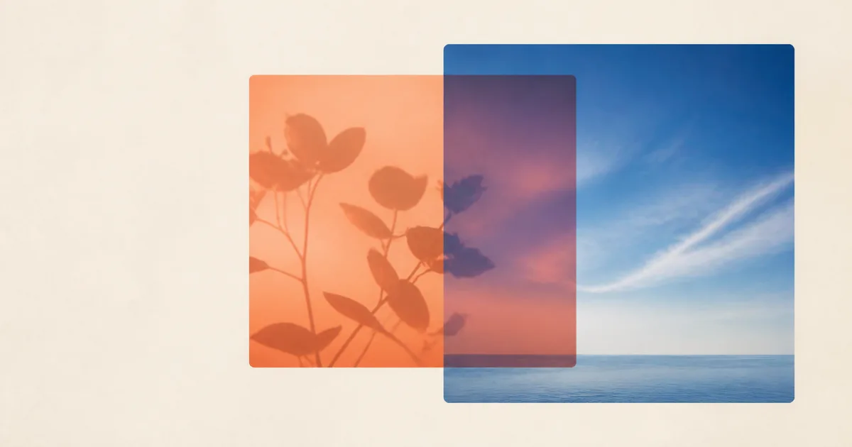 A coral botanical photograph blended over a blue coastal image.